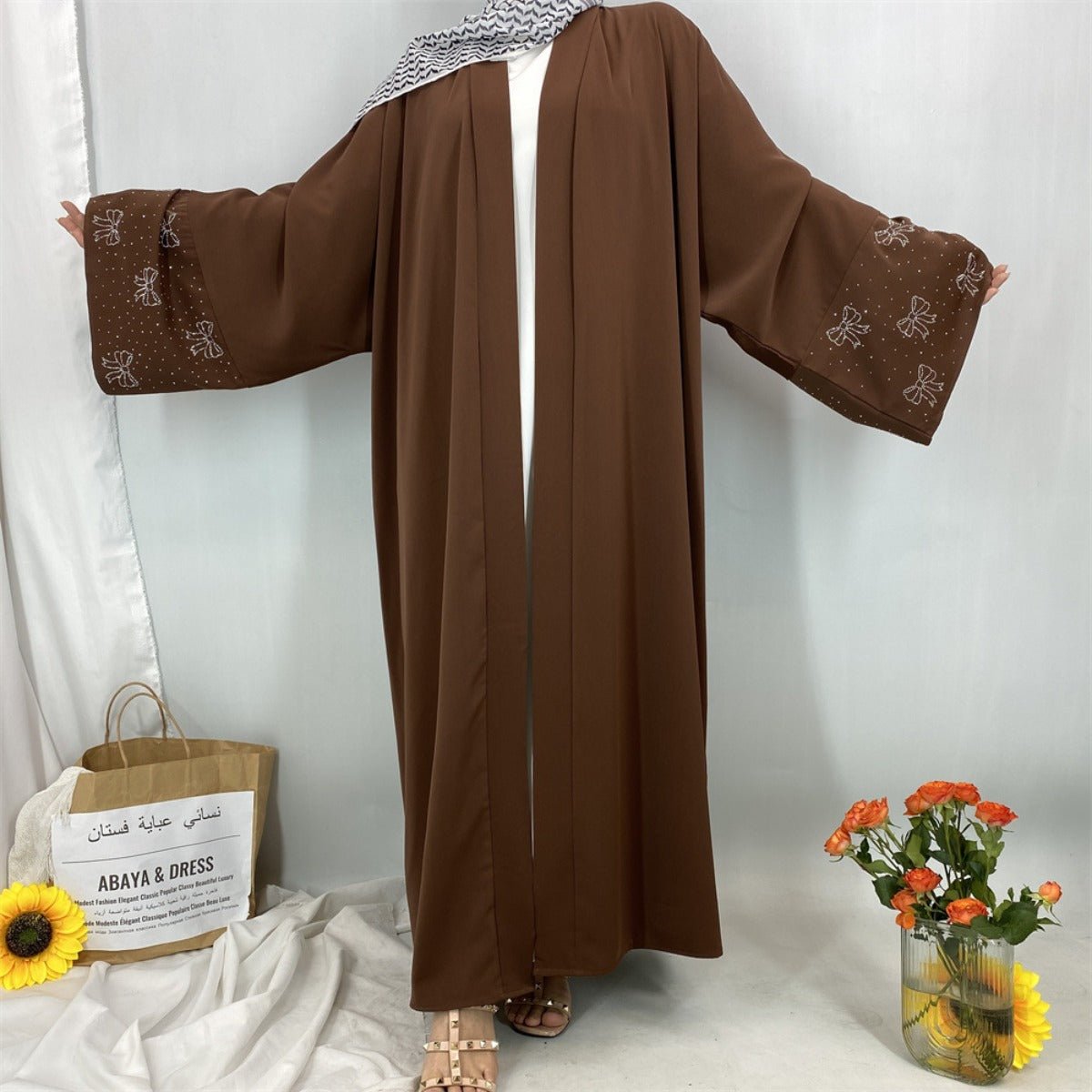 Modest Luxury Exquisite Transfer Diamond Printer Butterfly Sleeve Abaya (MOA206)
