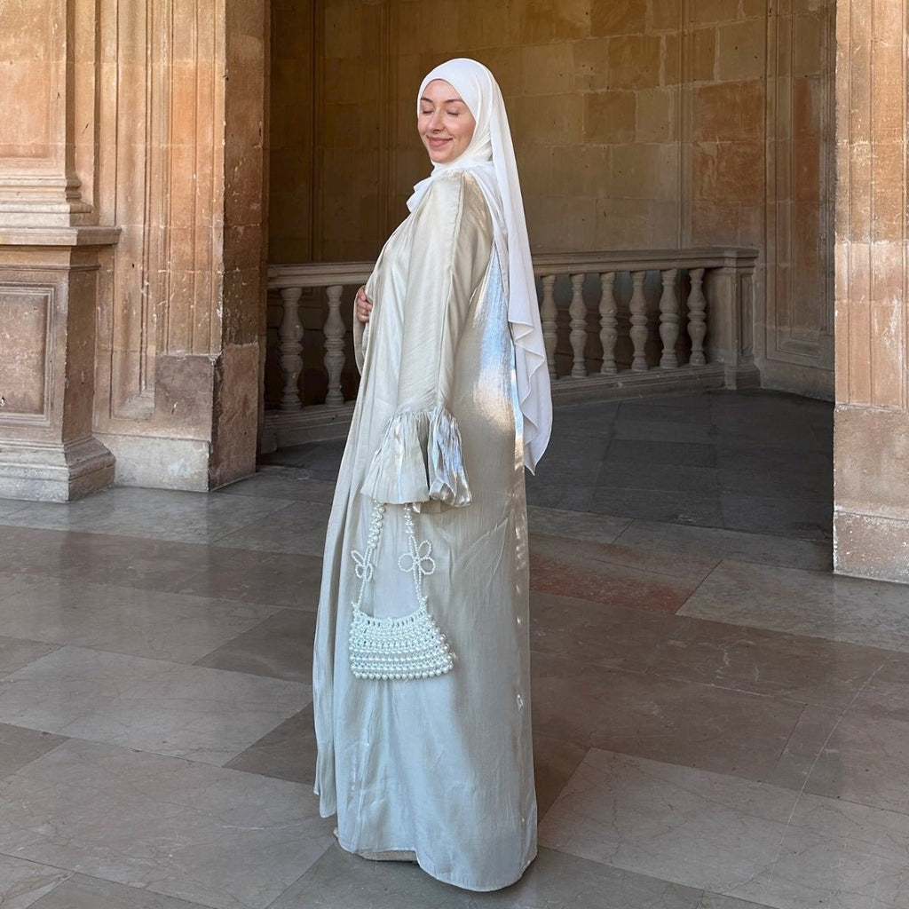 Modest Luxury Moonlight Glow Abaya Set | Cream White Two-Piece with Bell Sleeves (MOA189)