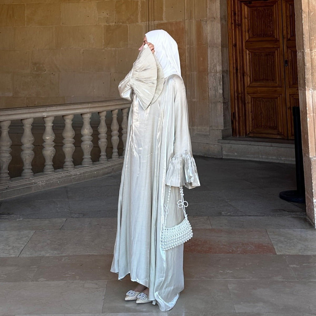 Modest Luxury Moonlight Glow Abaya Set | Cream White Two-Piece with Bell Sleeves (MOA189)