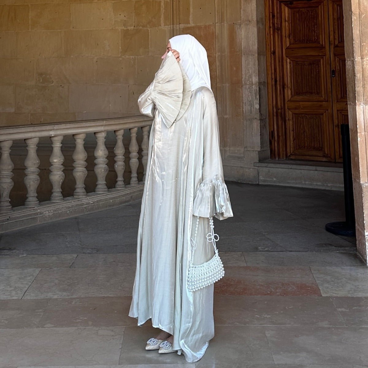 Modest Luxury Moonlight Glow Abaya Set | Cream White Two-Piece with Bell Sleeves (MOA189)