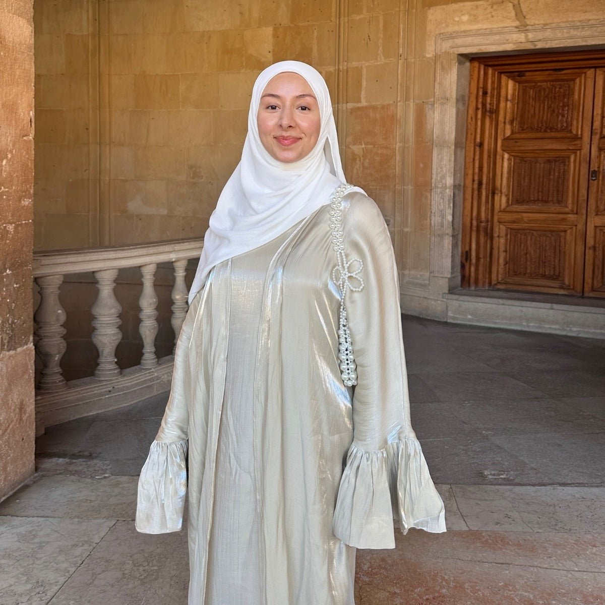 Modest Luxury Moonlight Glow Abaya Set | Cream White Two-Piece with Bell Sleeves (MOA189)