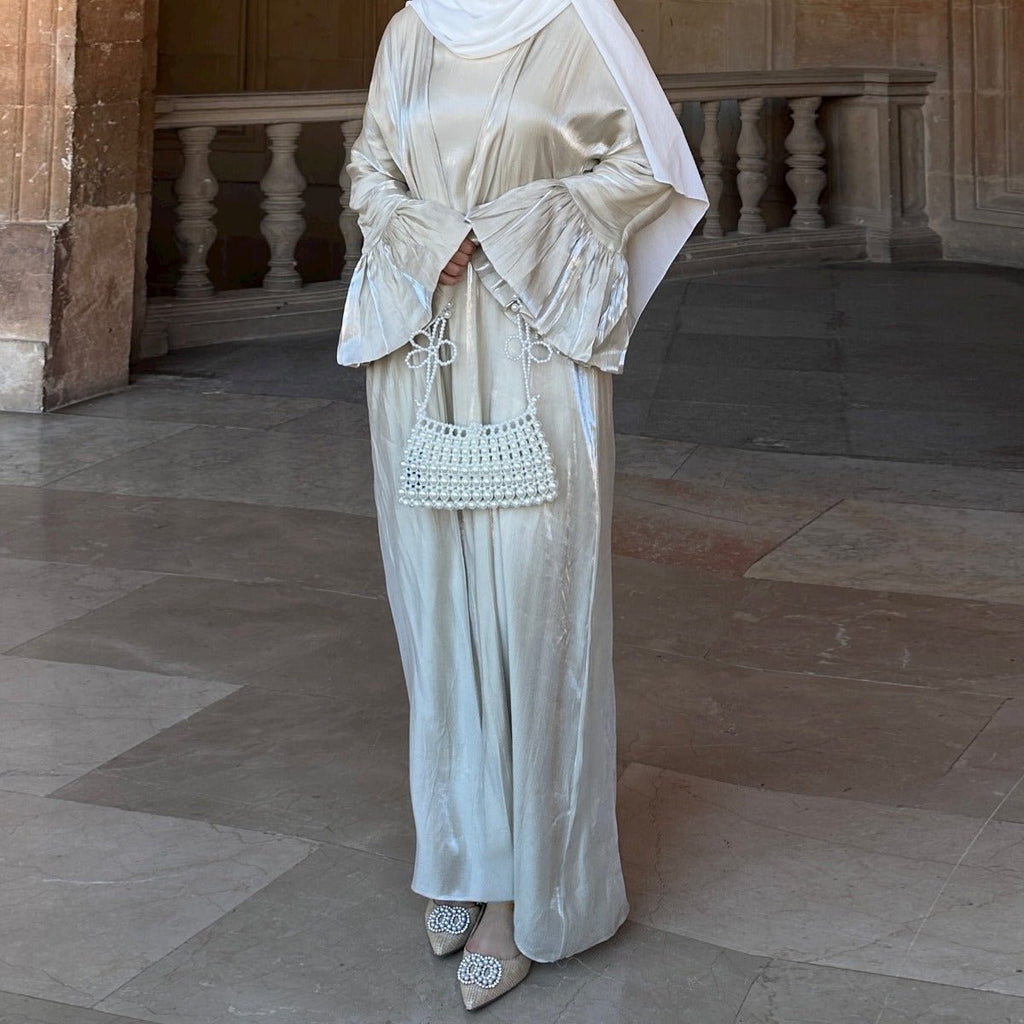 Modest Luxury Moonlight Glow Abaya Set | Cream White Two-Piece with Bell Sleeves (MOA189)
