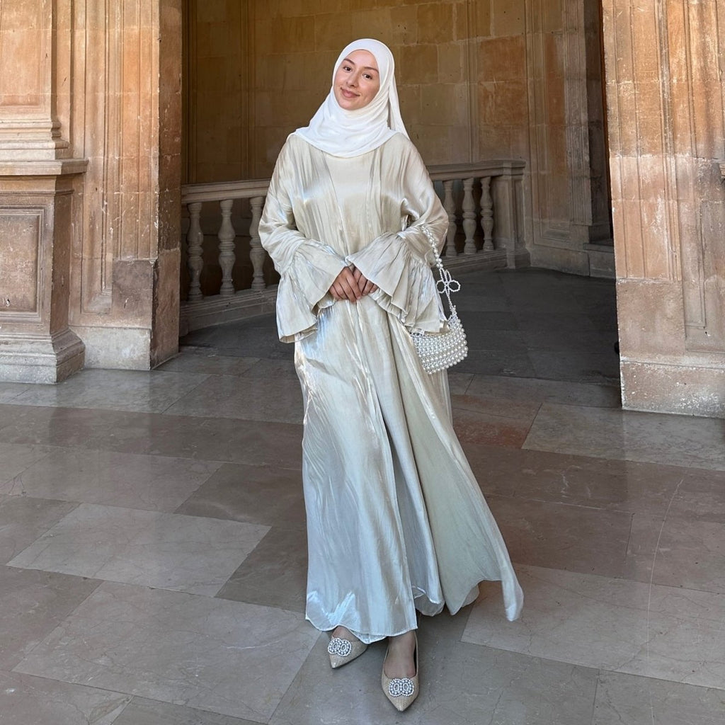 Modest Luxury Moonlight Glow Abaya Set | Cream White Two-Piece with Bell Sleeves (MOA189)