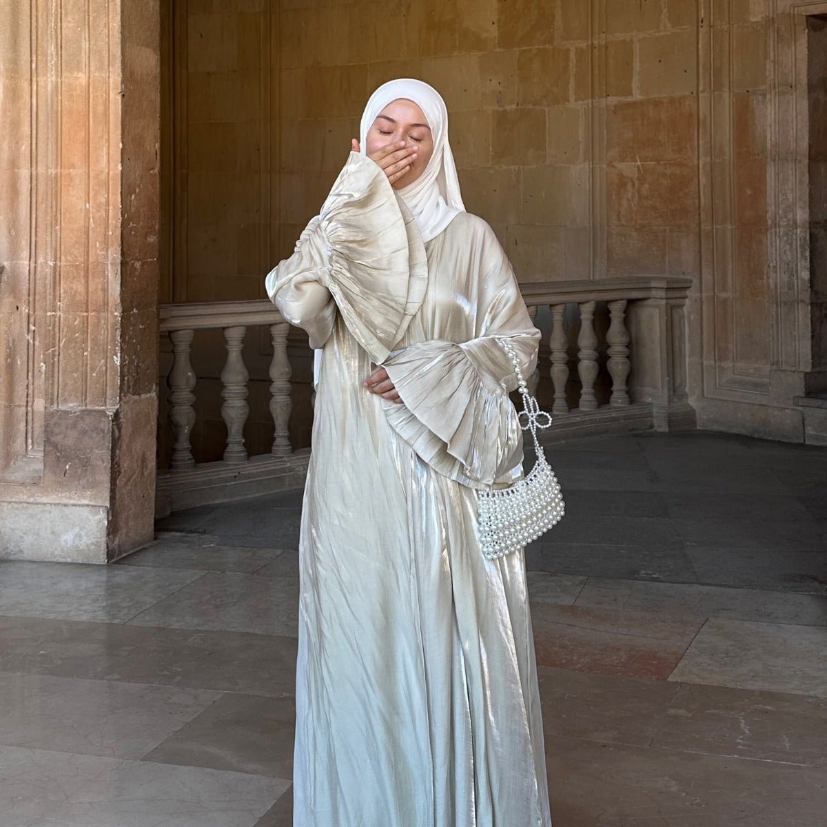 Modest Luxury Moonlight Glow Abaya Set | Cream White Two-Piece with Bell Sleeves (MOA189)