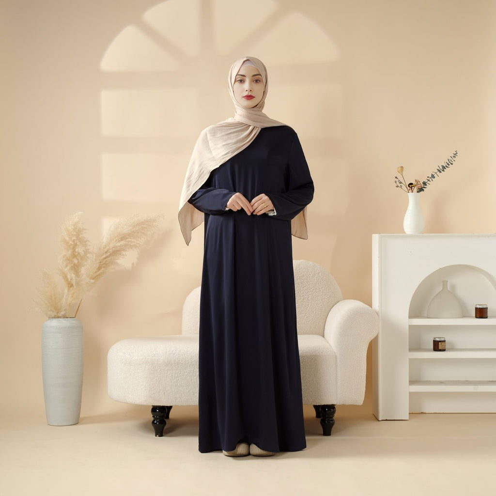 Navy Blue Pleated Abaya Set | Beaded Robe Abaya with Silver Embroidery (MOA168)