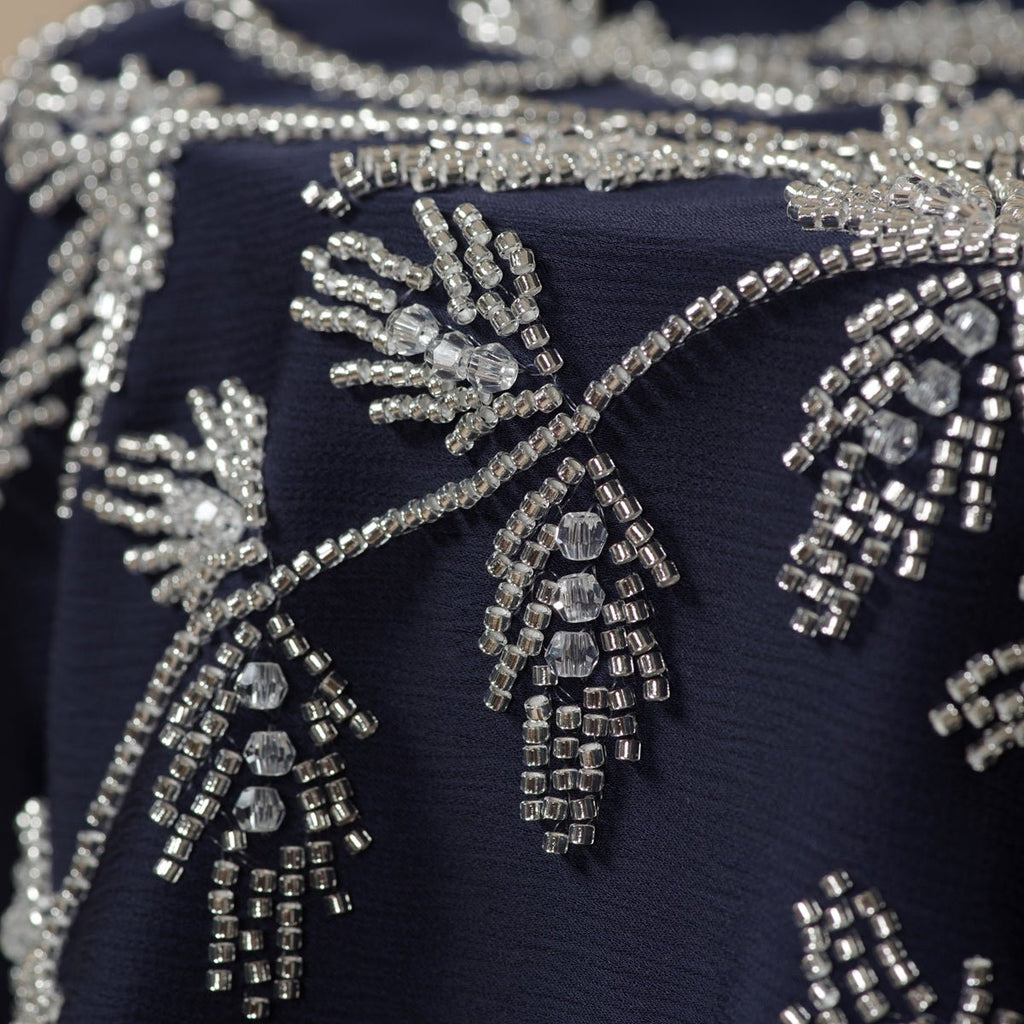 Navy Blue Pleated Abaya Set | Beaded Robe Abaya with Silver Embroidery (MOA168)