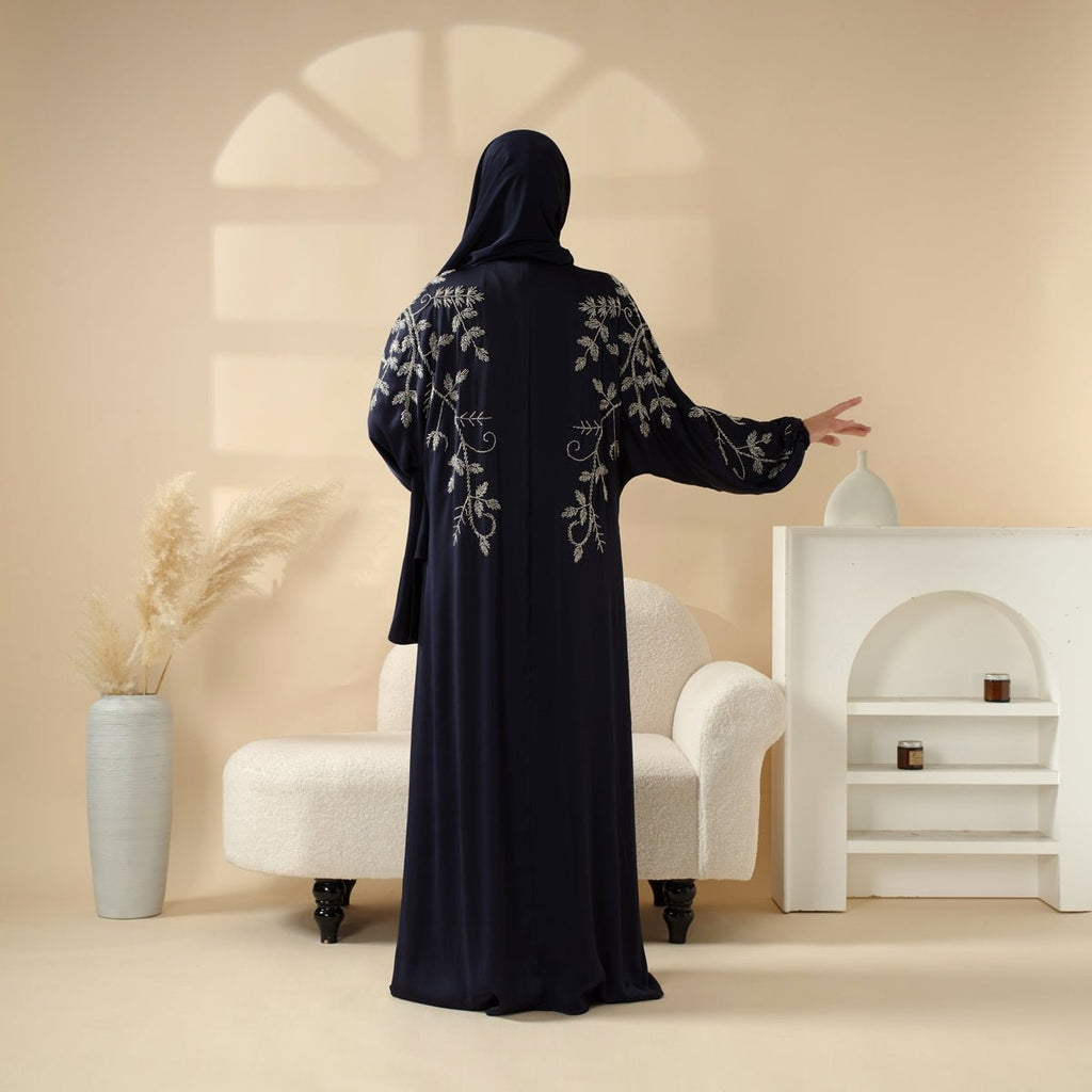 Navy Blue Pleated Abaya Set | Beaded Robe Abaya with Silver Embroidery (MOA168)