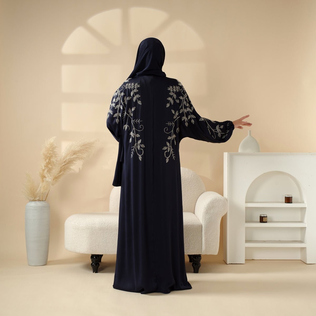Navy Blue Pleated Abaya Set | Beaded Robe Abaya with Silver Embroidery (MOA168)