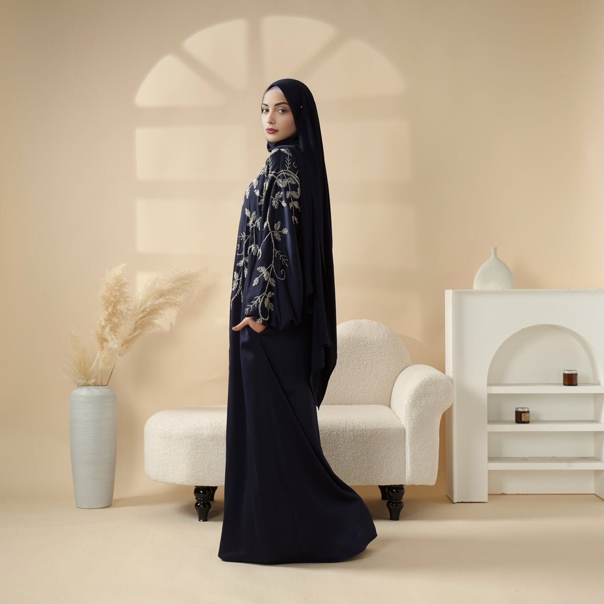 Navy Blue Pleated Abaya Set | Beaded Robe Abaya with Silver Embroidery (MOA168)