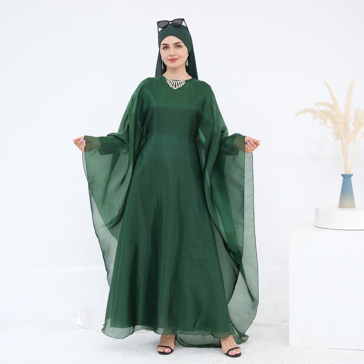 Modest Luxury Solid Color Robe Dress Set | Elegant Bell Sleeve Abaya (MA246)