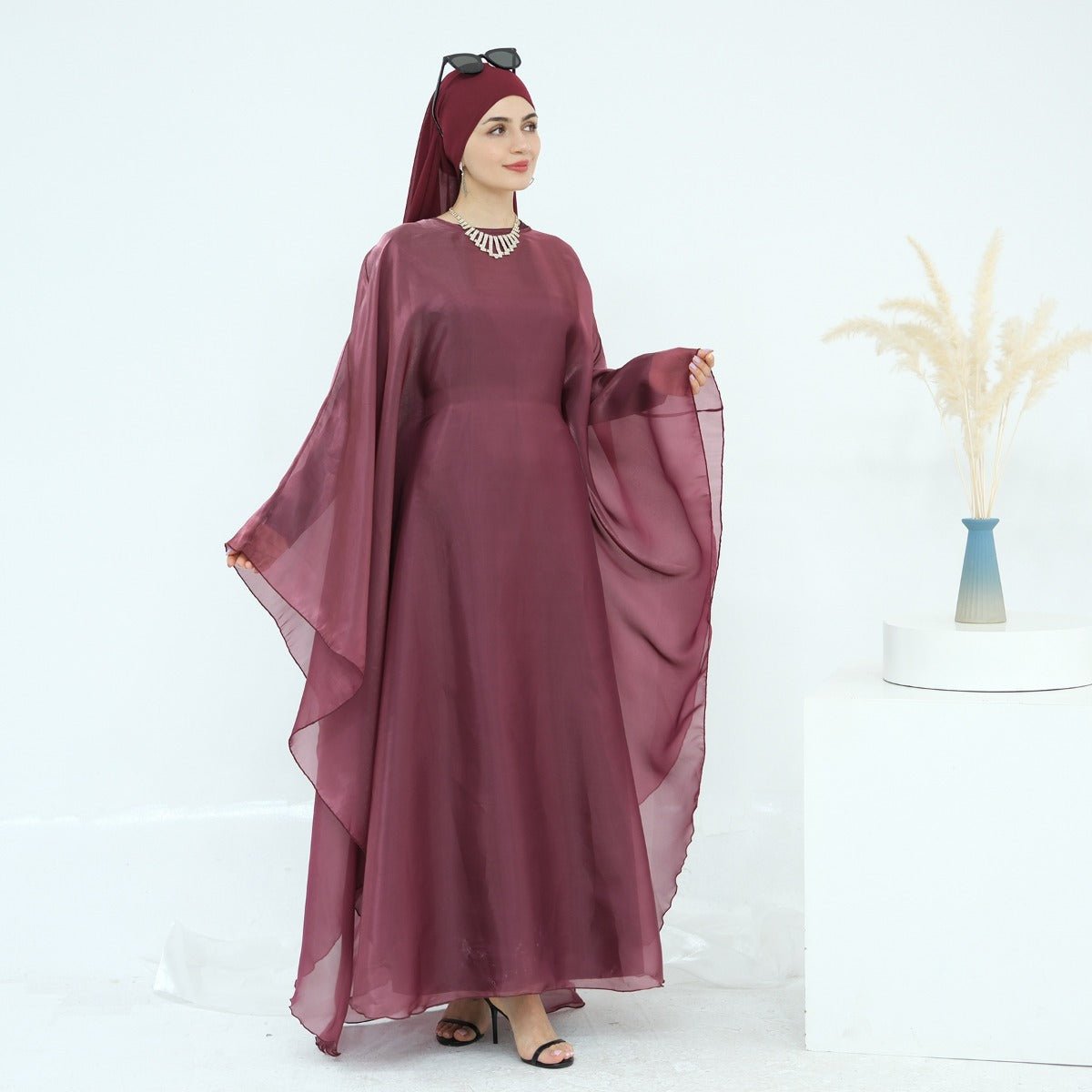 Modest Luxury Solid Color Robe Dress Set | Elegant Bell Sleeve Abaya (MA246)