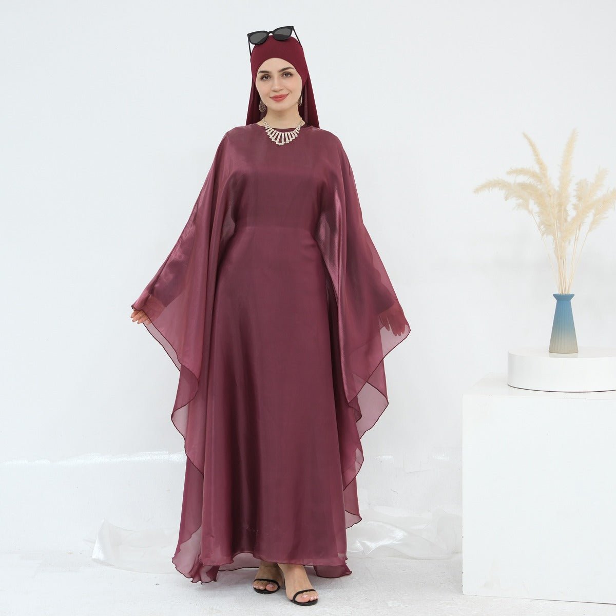 Modest Luxury Solid Color Robe Dress Set | Elegant Bell Sleeve Abaya (MA246)