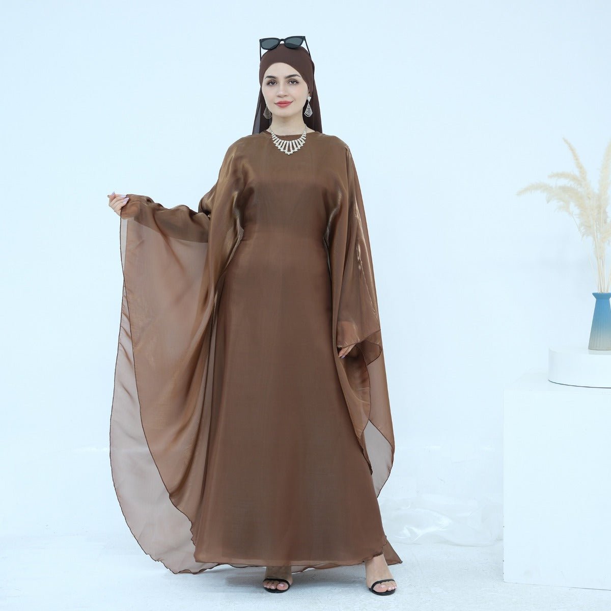 Modest Luxury Solid Color Robe Dress Set | Elegant Bell Sleeve Abaya (MA246)