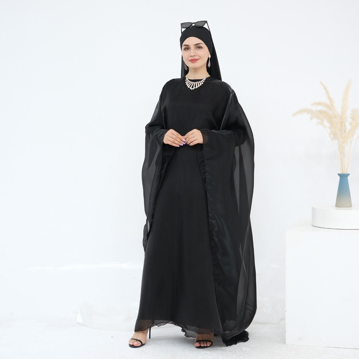 Modest Luxury Solid Color Robe Dress Set | Elegant Bell Sleeve Abaya (MA246)