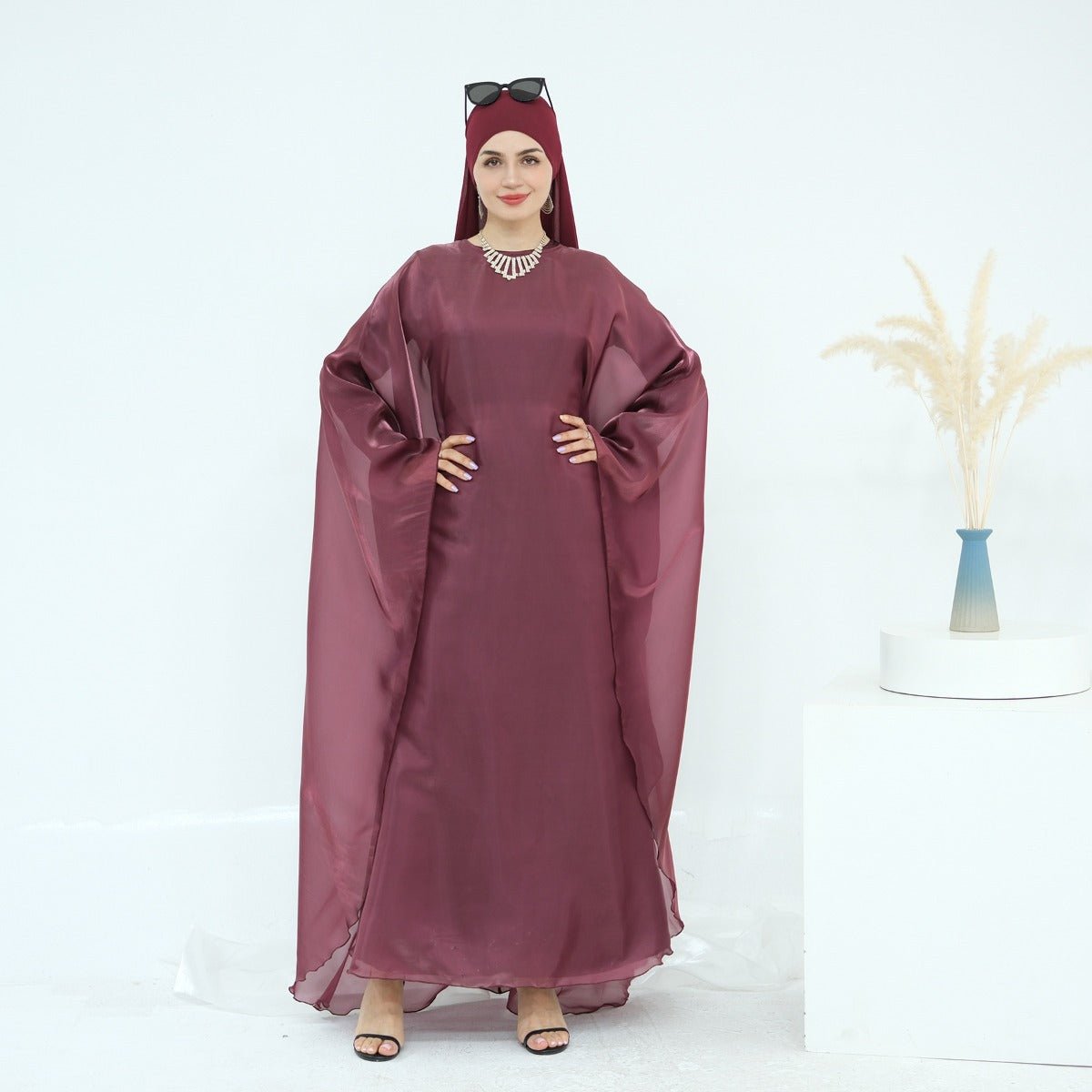 Modest Luxury Solid Color Robe Dress Set | Elegant Bell Sleeve Abaya (MA246)