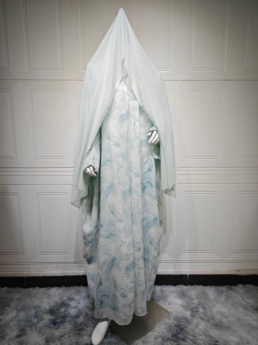 Modest Luxury Spring/Summer Ocean Breeze Abaya Set | Water Ripple Print Chiffon Cardigan with Matching Hijab (MOA176)