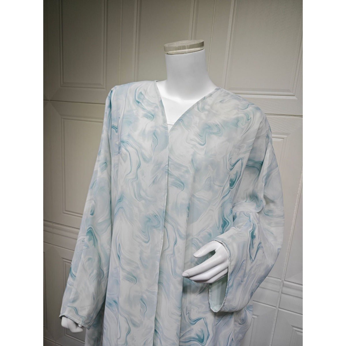 Modest Luxury Spring/Summer Ocean Breeze Abaya Set | Water Ripple Print Chiffon Cardigan with Matching Hijab (MOA176)
