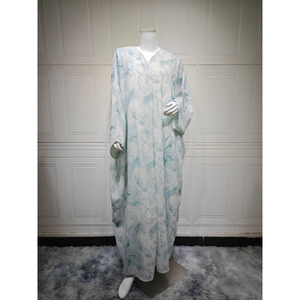 Modest Luxury Spring/Summer Ocean Breeze Abaya Set | Water Ripple Print Chiffon Cardigan with Matching Hijab (MOA176)