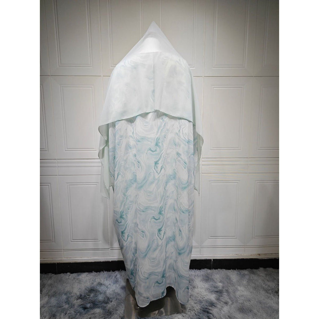 Modest Luxury Spring/Summer Ocean Breeze Abaya Set | Water Ripple Print Chiffon Cardigan with Matching Hijab (MOA176)