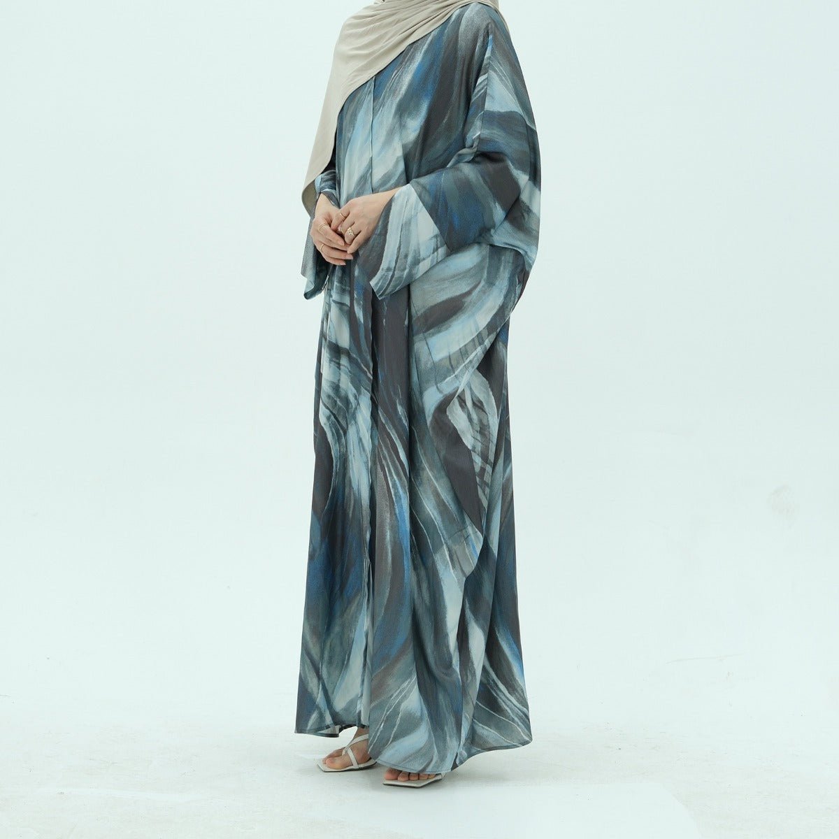 Modest Luxury Watercolor Print Cardigan Abaya | Blue-Grey Abstract Art Robe with Flowing Silhouette (MOA172)