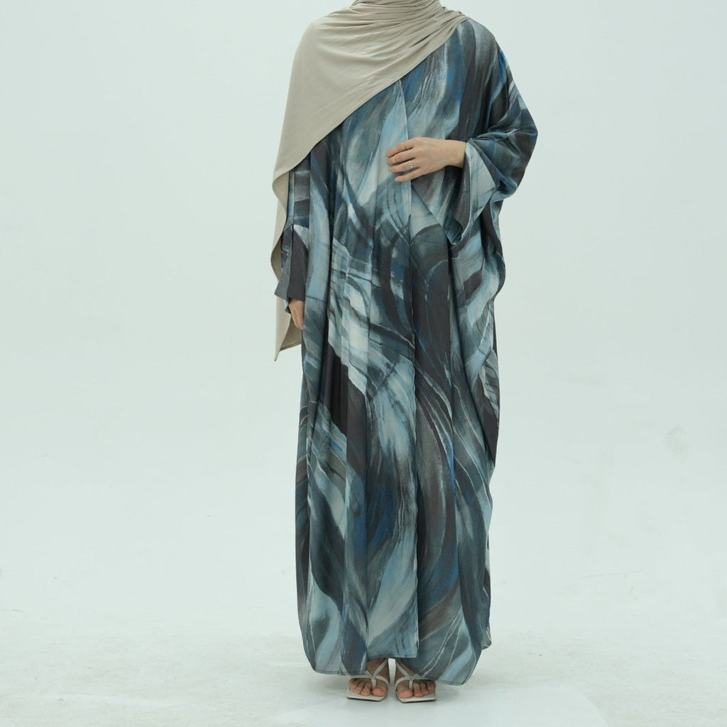 Modest Luxury Watercolor Print Cardigan Abaya | Blue-Grey Abstract Art Robe with Flowing Silhouette (MOA172)