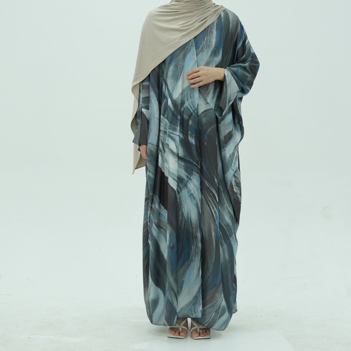 Modest Luxury Watercolor Print Cardigan Abaya | Blue-Grey Abstract Art Robe with Flowing Silhouette (MOA172)