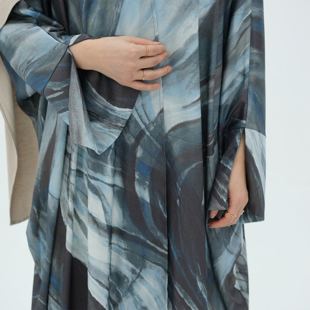 Modest Luxury Watercolor Print Cardigan Abaya | Blue-Grey Abstract Art Robe with Flowing Silhouette (MOA172)