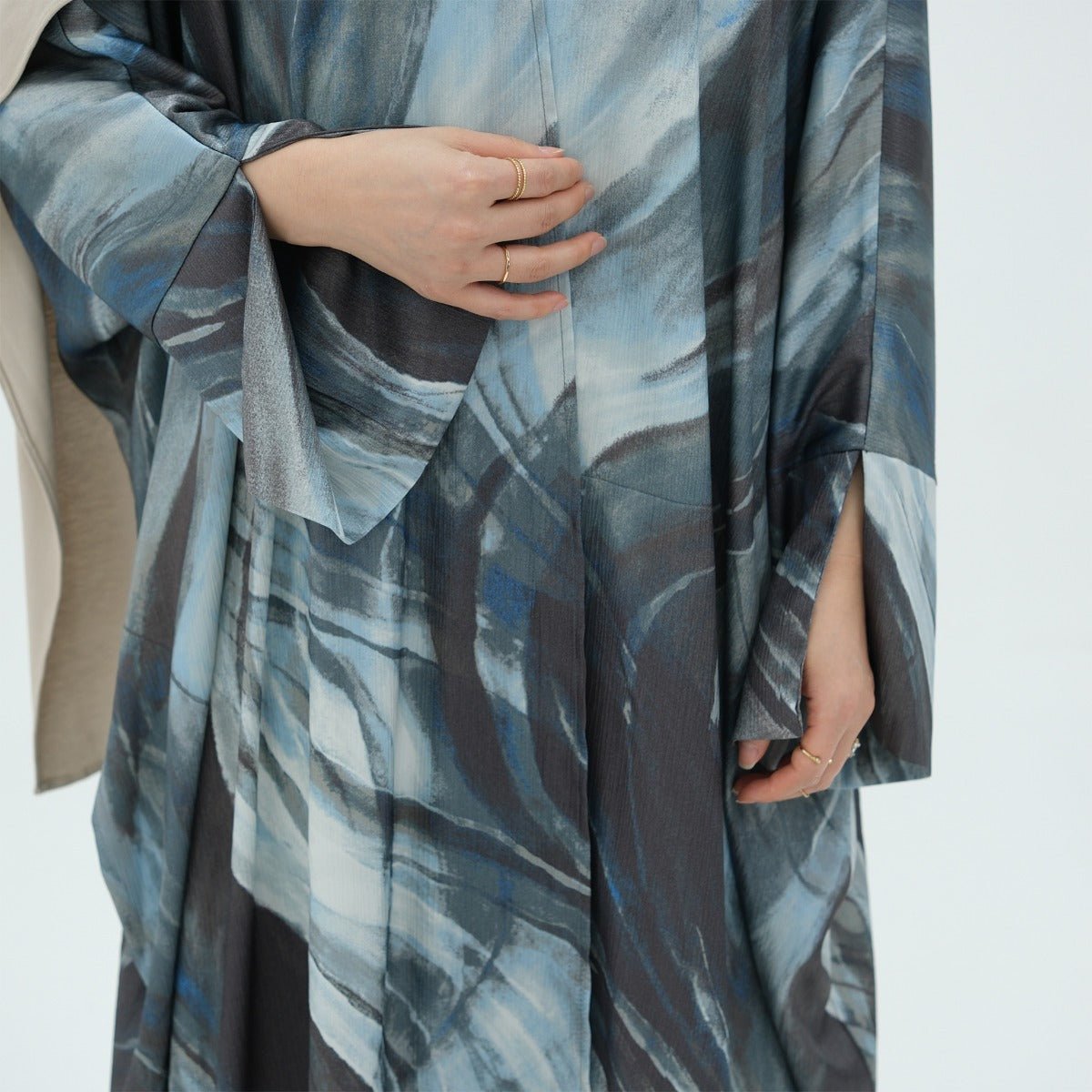 Modest Luxury Watercolor Print Cardigan Abaya | Blue-Grey Abstract Art Robe with Flowing Silhouette (MOA172)
