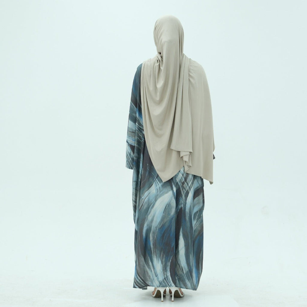 Modest Luxury Watercolor Print Cardigan Abaya | Blue-Grey Abstract Art Robe with Flowing Silhouette (MOA172)