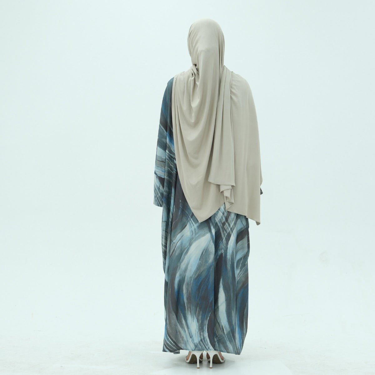 Modest Luxury Watercolor Print Cardigan Abaya | Blue-Grey Abstract Art Robe with Flowing Silhouette (MOA172)
