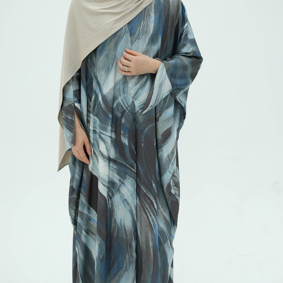 Modest Luxury Watercolor Print Cardigan Abaya | Blue-Grey Abstract Art Robe with Flowing Silhouette (MOA172)