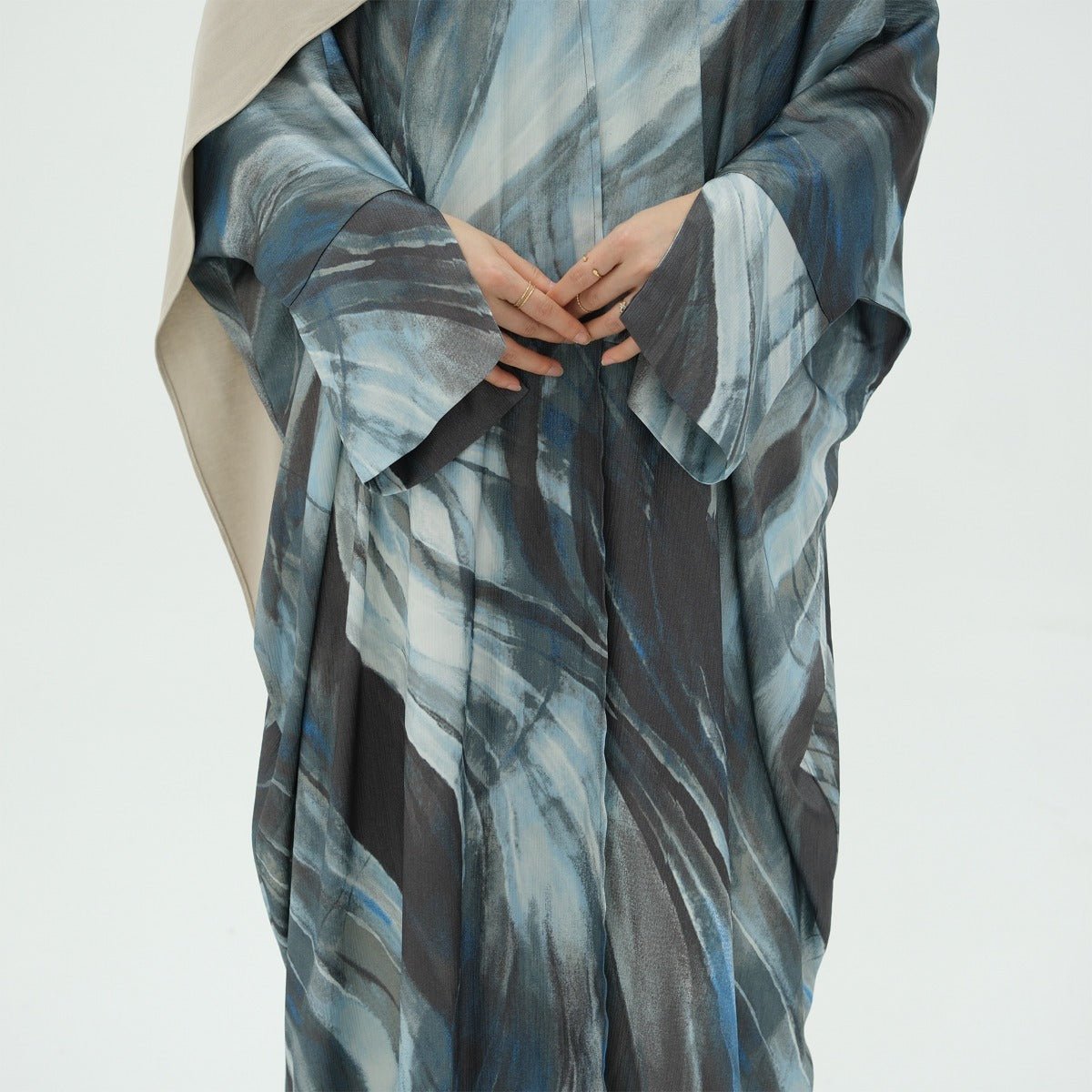 Modest Luxury Watercolor Print Cardigan Abaya | Blue-Grey Abstract Art Robe with Flowing Silhouette (MOA172)