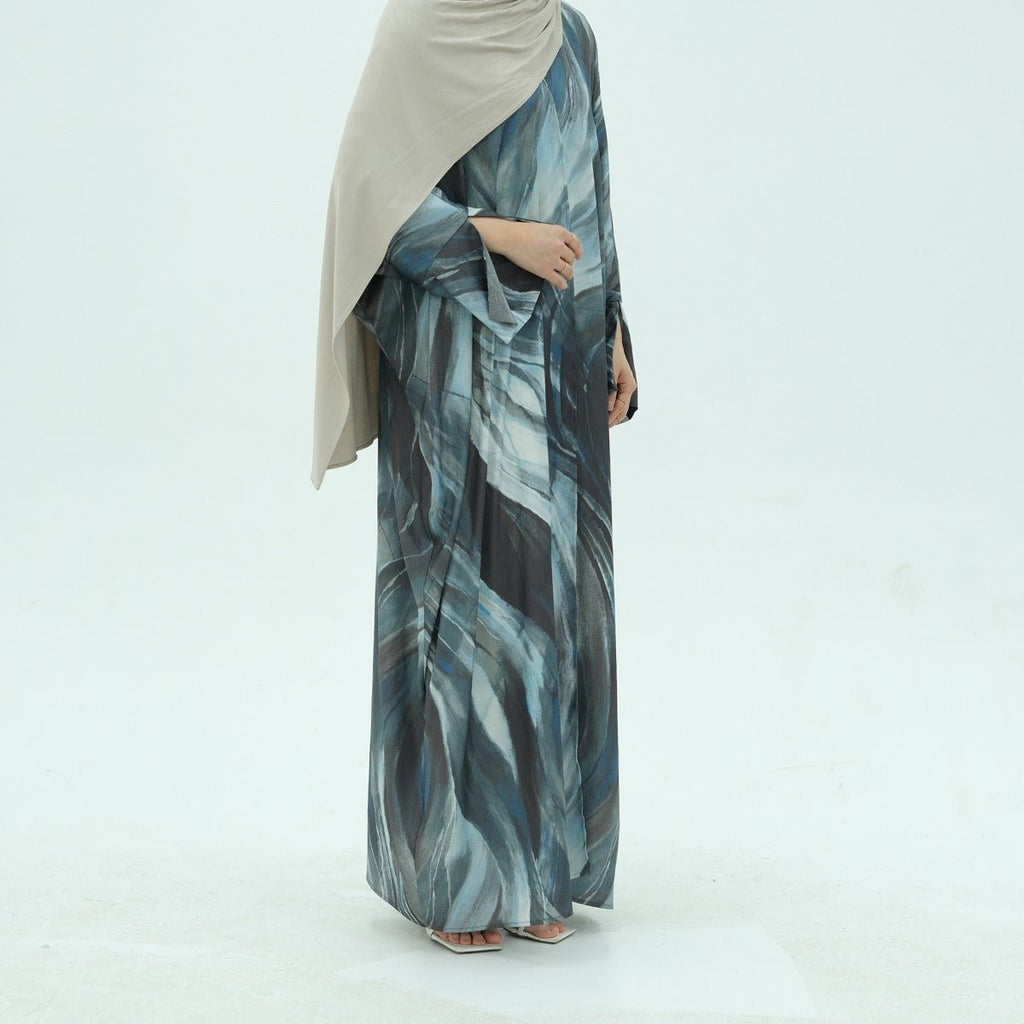 Modest Luxury Watercolor Print Cardigan Abaya | Blue-Grey Abstract Art Robe with Flowing Silhouette (MOA172)