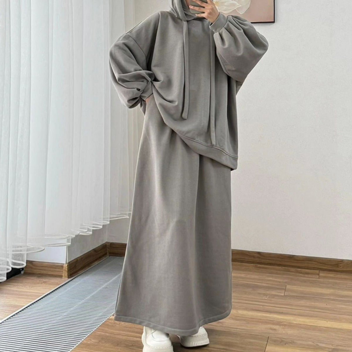 Modest Muslim Casual Wear Hooded Set | Long Sleeve Jacket & Maxi Skirt (MS095)