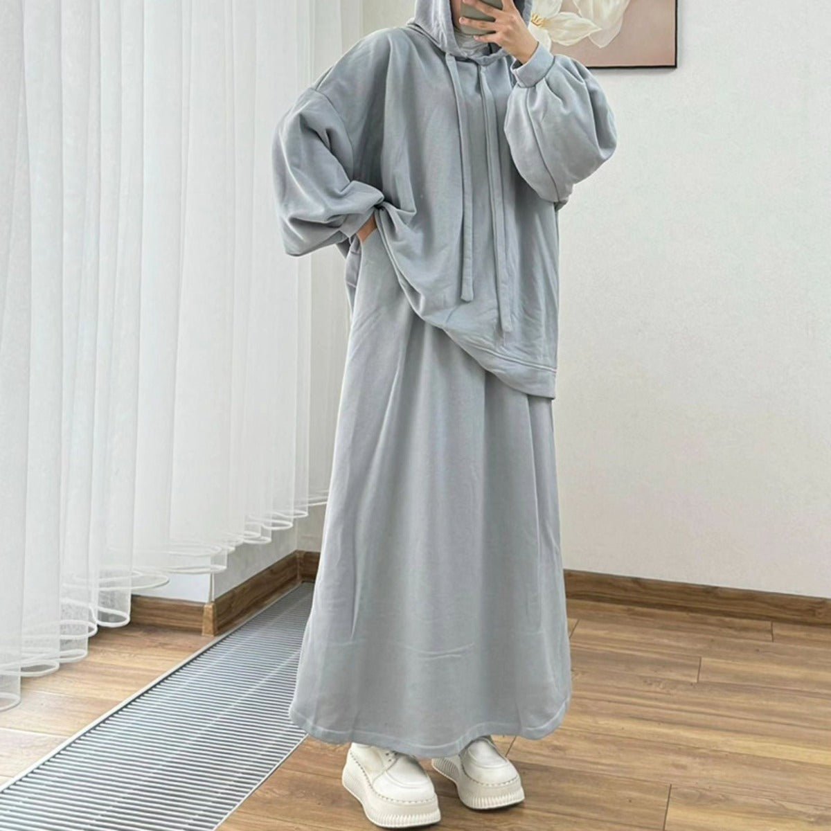 Modest Muslim Casual Wear Hooded Set | Long Sleeve Jacket & Maxi Skirt (MS095)