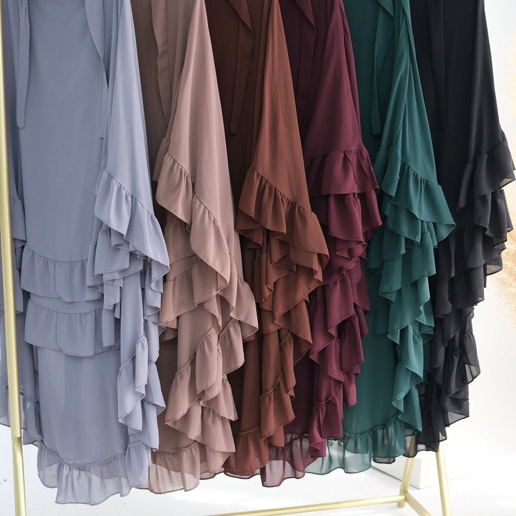 Soft Solid Color Muslim Hijabs with Flowy Cape Design |  Double-Layer Ruffle-Edged Big Swing Headscarf (MK023)