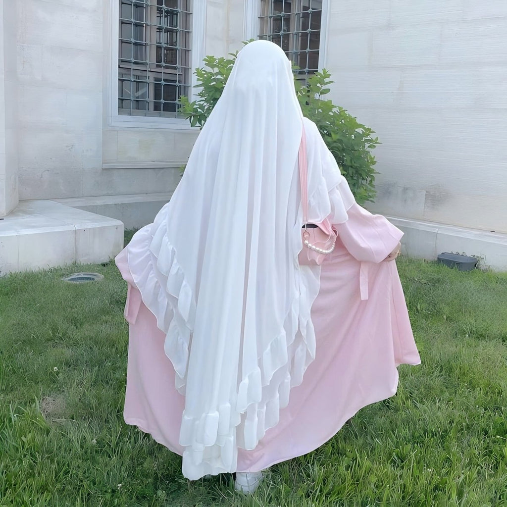 Soft Solid Color Muslim Hijabs with Flowy Cape Design |  Double-Layer Ruffle-Edged Big Swing Headscarf (MK023)