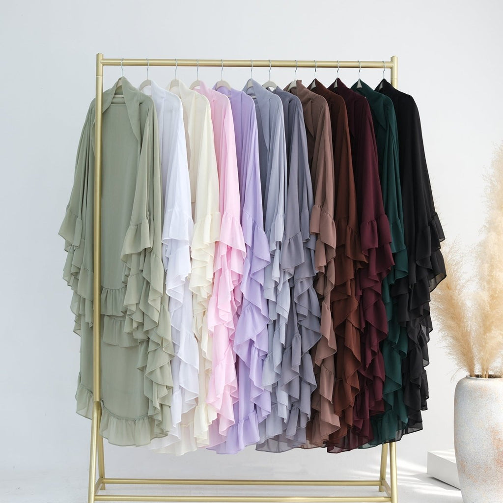 Soft Solid Color Muslim Hijabs with Flowy Cape Design |  Double-Layer Ruffle-Edged Big Swing Headscarf (MK023)