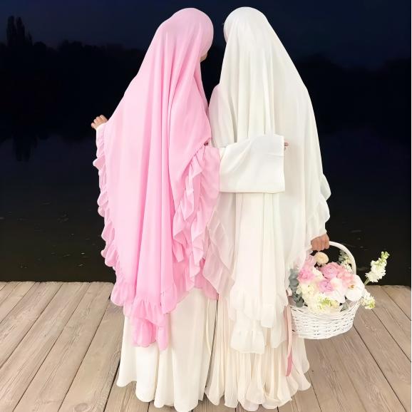 Soft Solid Color Muslim Hijabs with Flowy Cape Design |  Double-Layer Ruffle-Edged Big Swing Headscarf (MK023)