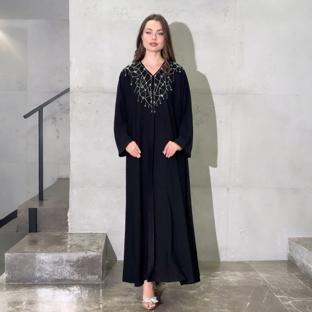 Modest Muslim Loose Fit Black Diamond Embellished V-Neck Abaya Dress(MOA208)