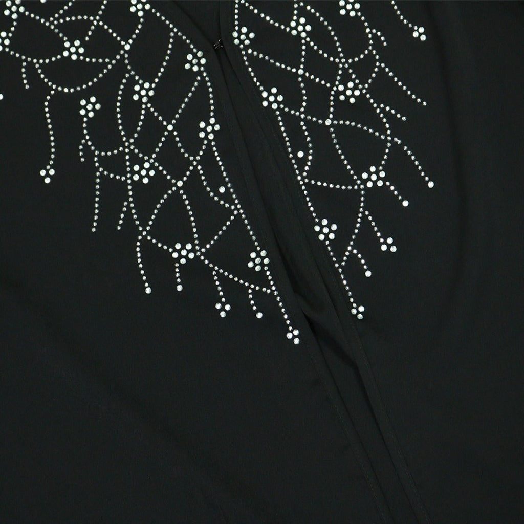 Modest Muslim Loose Fit Black Diamond Embellished V-Neck Abaya Dress(MOA208)