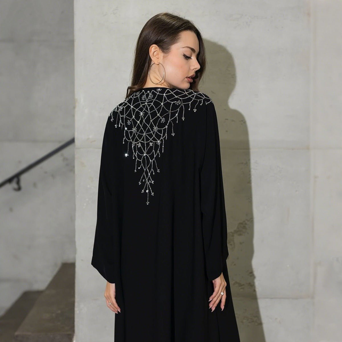 Modest Muslim Loose Fit Black Diamond Embellished V-Neck Abaya Dress(MOA208)