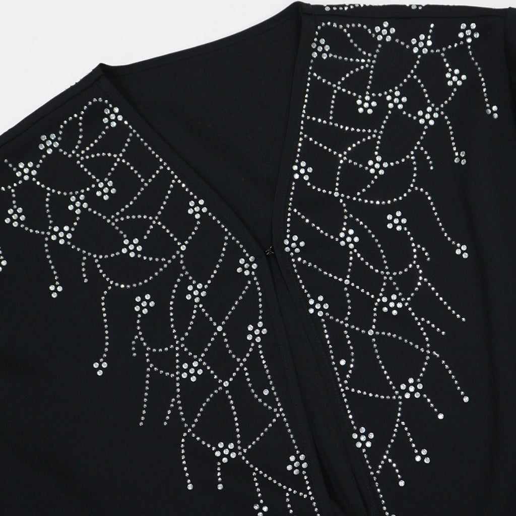 Modest Muslim Loose Fit Black Diamond Embellished V-Neck Abaya Dress(MOA208)