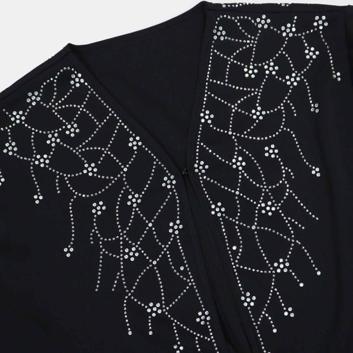 Modest Muslim Loose Fit Black Diamond Embellished V-Neck Abaya Dress(MOA208)