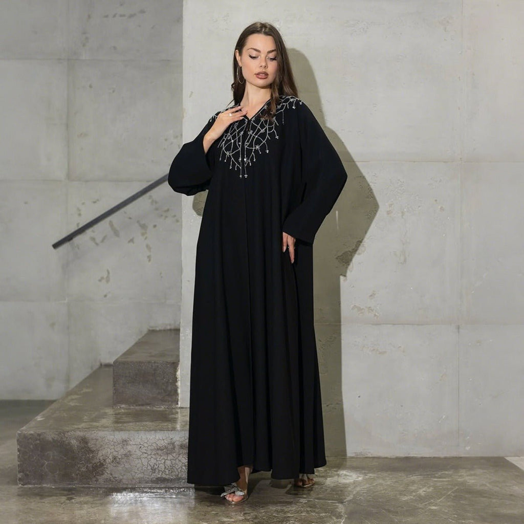 Modest Muslim Loose Fit Black Diamond Embellished V-Neck Abaya Dress(MOA208)