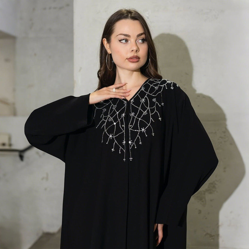 Modest Muslim Loose Fit Black Diamond Embellished V-Neck Abaya Dress(MOA208)
