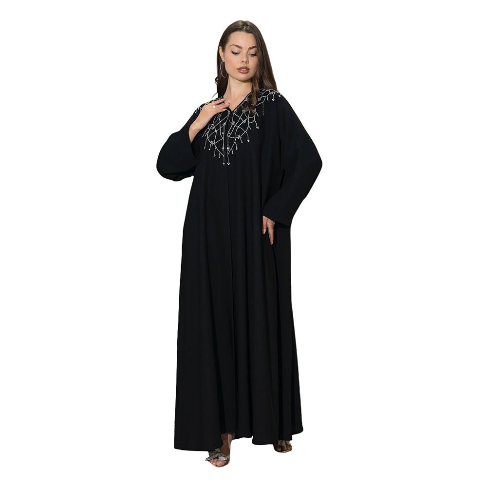 Modest Muslim Loose Fit Black Diamond Embellished V-Neck Abaya Dress(MOA208)