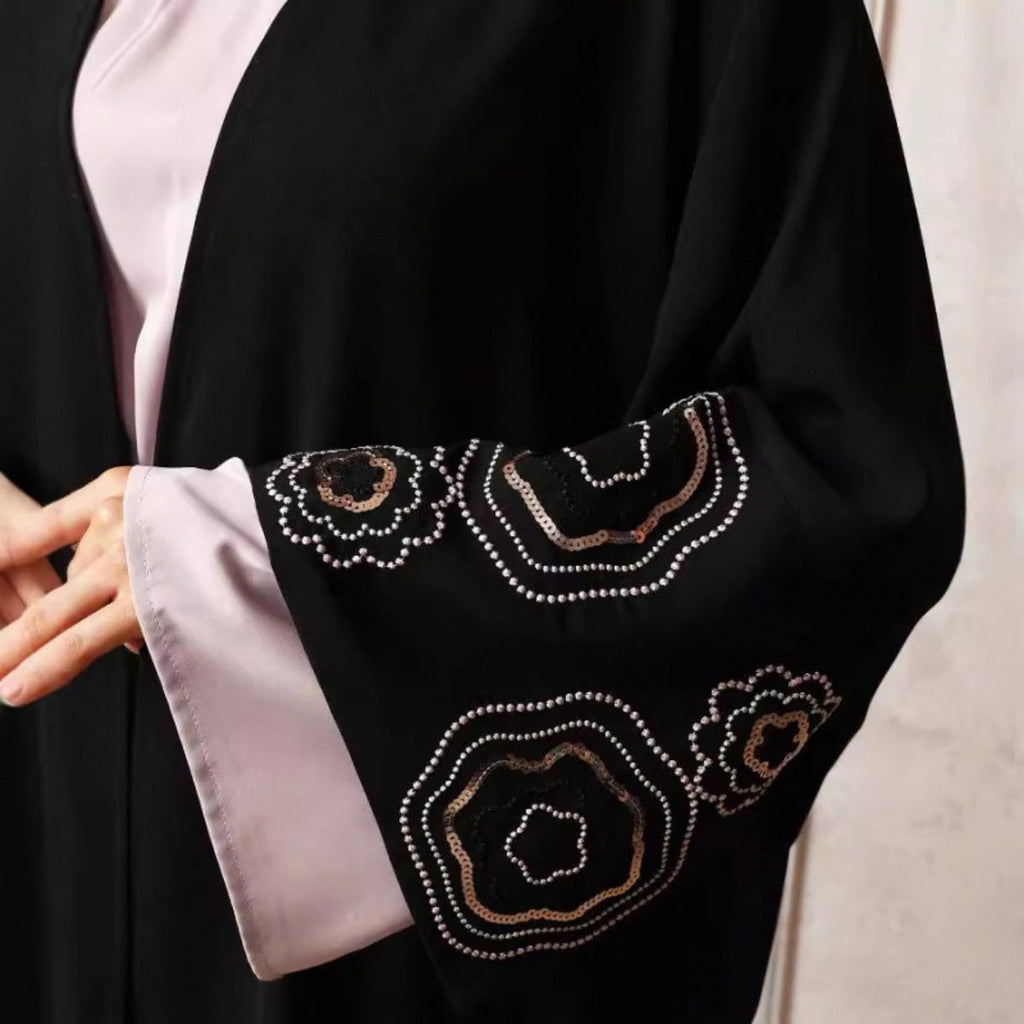 Modest Muslim Luxury Batwing Abaya Set | Black Embroidered Cardigan & Lavender Dress (MOA181)