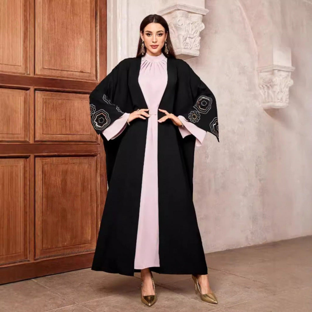 Modest Muslim Luxury Batwing Abaya Set | Black Embroidered Cardigan & Lavender Dress (MOA181)