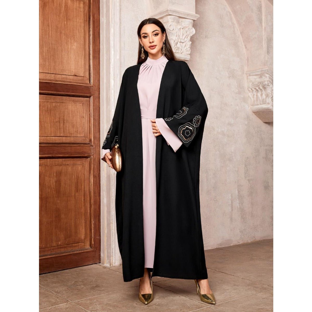 Modest Muslim Luxury Batwing Abaya Set | Black Embroidered Cardigan & Lavender Dress (MOA181)